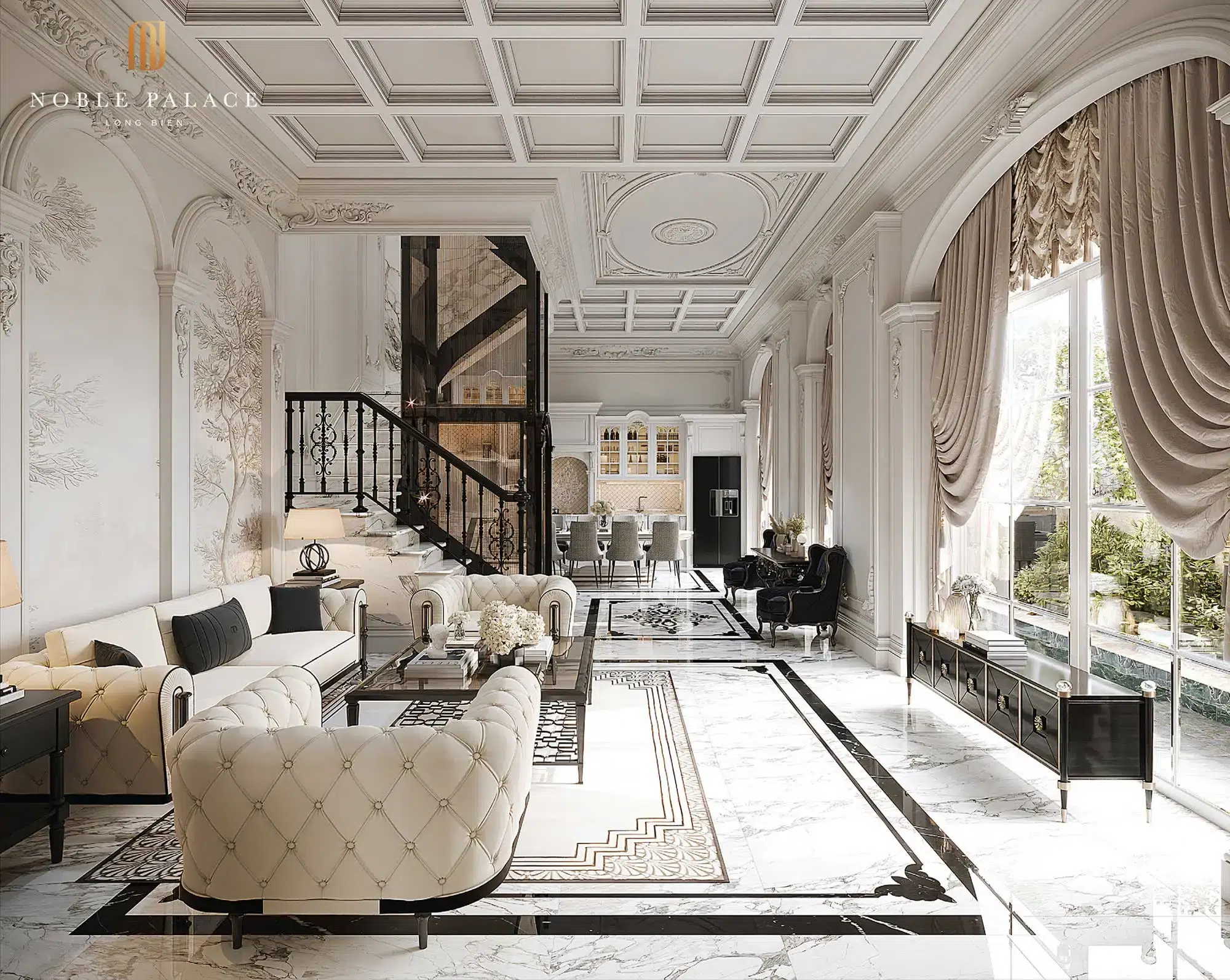 Phoi canh thiet ke phong khach biet thu noble palace long bien